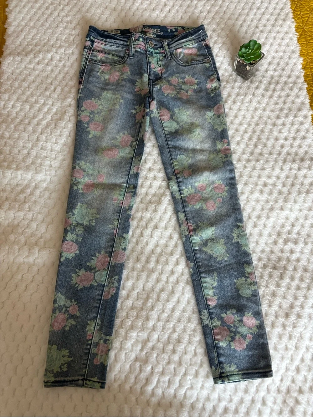 Cherokee Floral Skinny Jeans in Blue with Pink & Green Roses